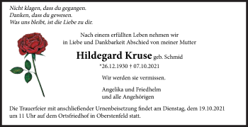 Traueranzeige von Hildegard Kruse von Marbacher Zeitung