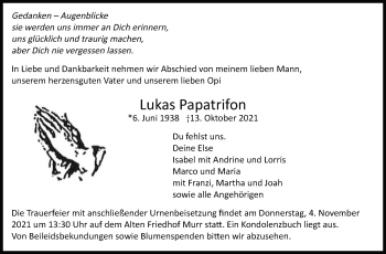 Traueranzeige von Lukas Papatrifon von Marbacher Zeitung