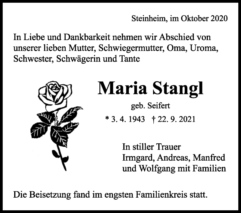 Traueranzeige für Maria Stangl vom 09.10.2021 aus Marbacher Zeitung
