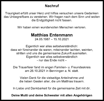 Traueranzeige von Matthias Entenmann von Marbacher Zeitung