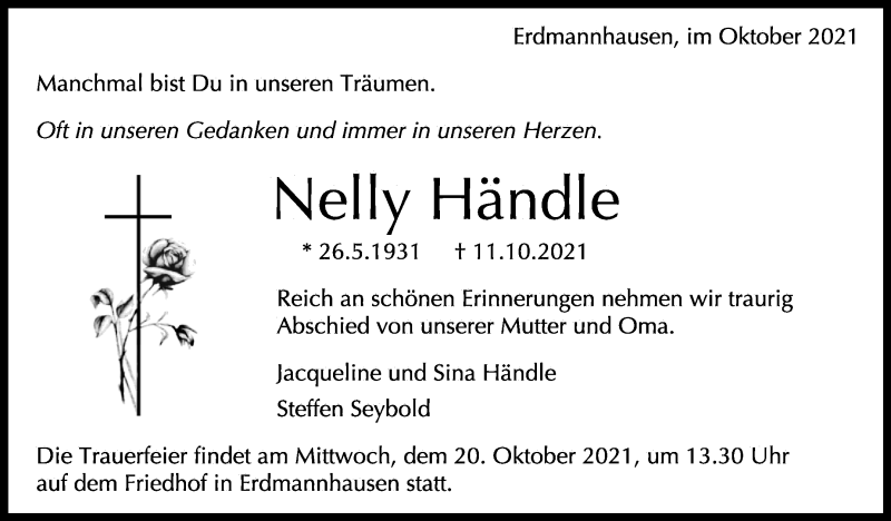  Traueranzeige für Nelly Händle vom 16.10.2021 aus Marbacher Zeitung
