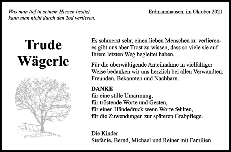  Traueranzeige für Trude Wägerle vom 22.10.2021 aus Marbacher Zeitung