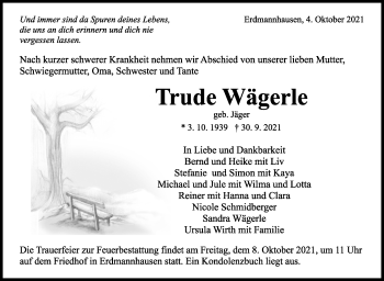 Traueranzeige von Trude Wägerle von Marbacher Zeitung
