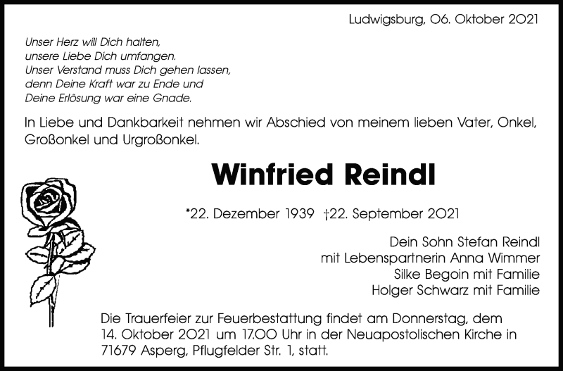  Traueranzeige für Winfried Reindl vom 09.10.2021 aus Marbacher Zeitung