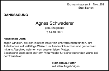Traueranzeige von Agnes Schwaderer von Marbacher Zeitung