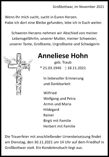 Traueranzeige von Anneliese Hohn von Marbacher Zeitung