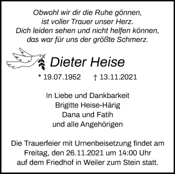 Traueranzeige von Dieter Heise von Marbacher Zeitung