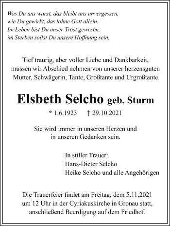 Traueranzeige von Elsbeth Selcho von Marbacher Zeitung