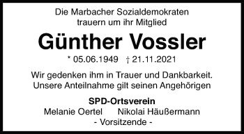 Traueranzeige von Günther Vossler von Marbacher Zeitung