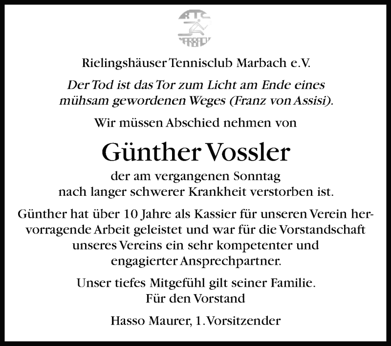  Traueranzeige für Günther Vossler vom 26.11.2021 aus Marbacher Zeitung