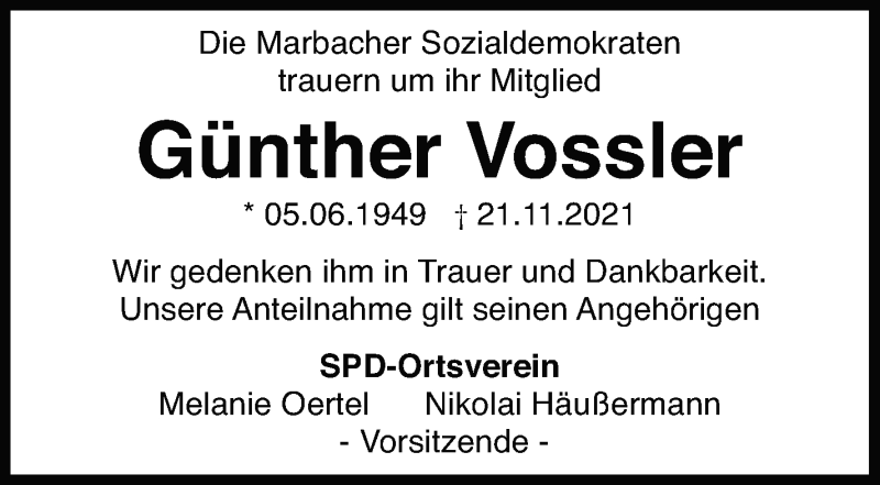  Traueranzeige für Günther Vossler vom 26.11.2021 aus Marbacher Zeitung