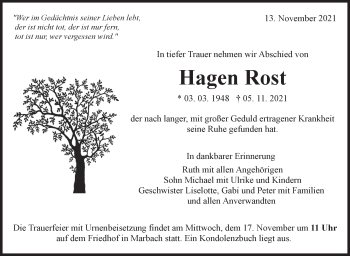 Traueranzeige von Hagen Rost von Marbacher Zeitung
