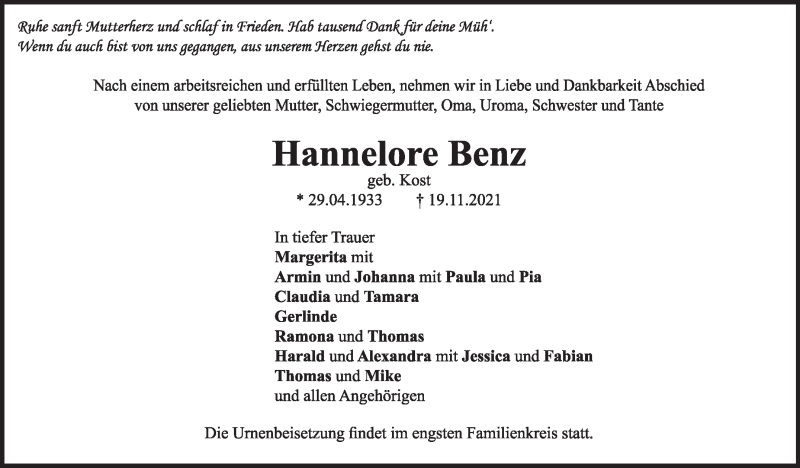  Traueranzeige für Hannelore Benz vom 26.11.2021 aus Marbacher Zeitung