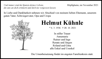 Traueranzeige von Helmut Kühnle von Marbacher Zeitung