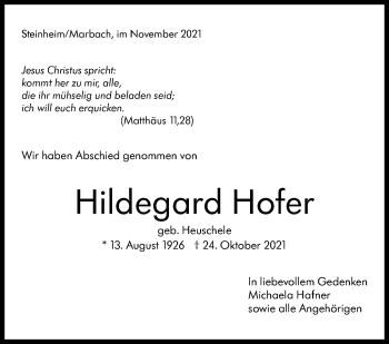 Traueranzeige von Hildegard Hofer von Marbacher Zeitung