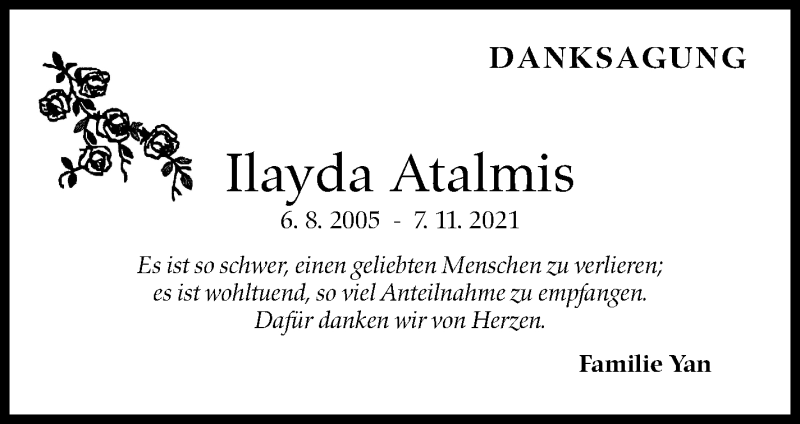  Traueranzeige für Ilayda Atalmis vom 18.11.2021 aus Marbacher Zeitung