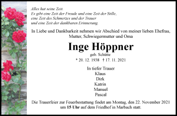Traueranzeige von Inge  Höppner von Marbacher Zeitung