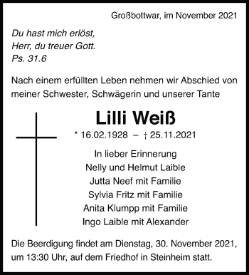 Traueranzeige von Lilli Weiß von Marbacher Zeitung