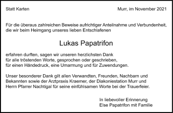 Traueranzeige von Lukas Papatrifon von Marbacher Zeitung