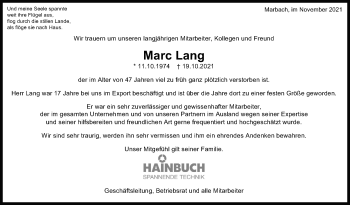 Traueranzeige von Marc Lang von Marbacher Zeitung