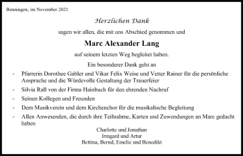 Traueranzeige von Marc Alexander Lang von Marbacher Zeitung