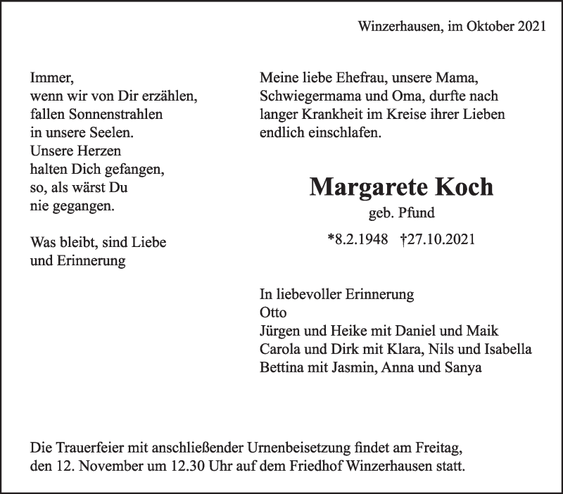  Traueranzeige für Margarete Koch vom 09.11.2021 aus Marbacher Zeitung