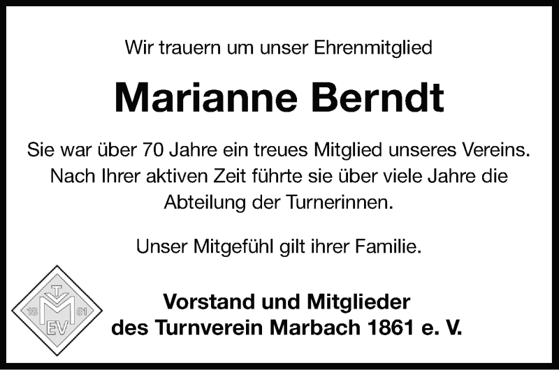  Traueranzeige für Marianne Berndt vom 26.11.2021 aus Marbacher Zeitung