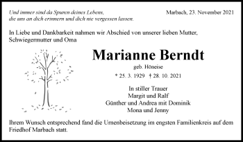Traueranzeige von Marianne Berndt von Marbacher Zeitung