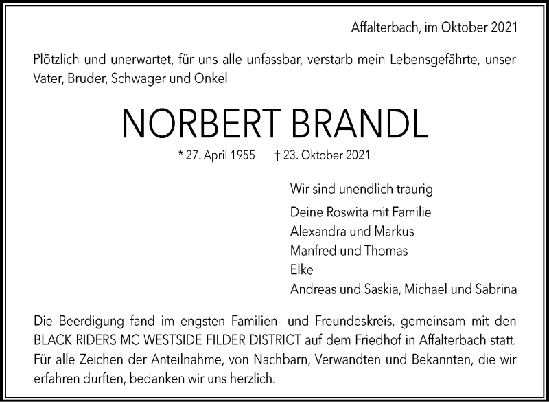  Traueranzeige für Norbert Brandl vom 05.11.2021 aus Marbacher Zeitung