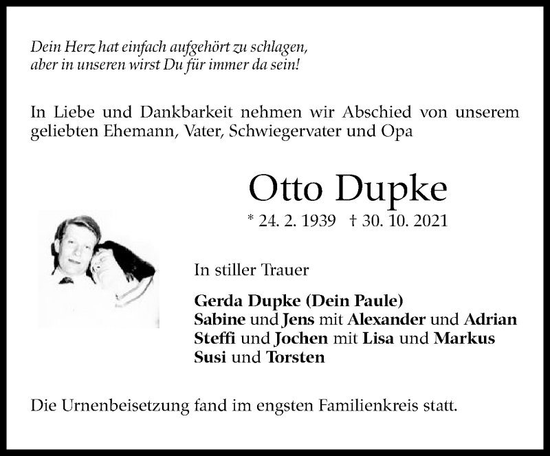  Traueranzeige für Otto Dupke vom 13.11.2021 aus Marbacher Zeitung