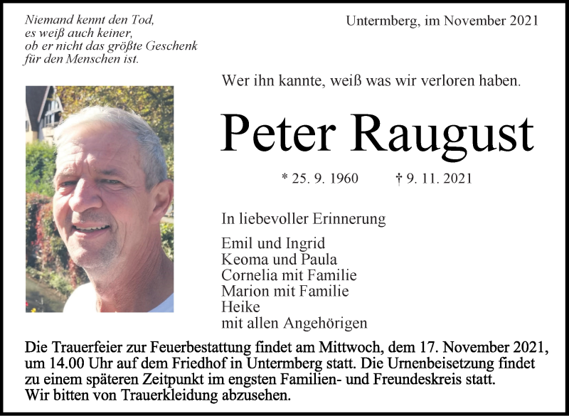  Traueranzeige für Peter Raugust vom 15.11.2021 aus Marbacher Zeitung