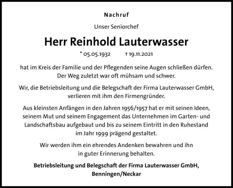  Traueranzeige für Reinhold Lauterwasser vom 25.11.2021 aus Marbacher Zeitung