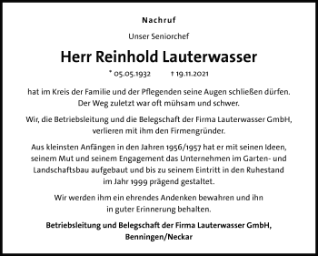 Traueranzeige von Reinhold Lauterwasser von Marbacher Zeitung