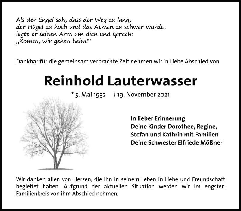  Traueranzeige für Reinhold Lauterwasser vom 25.11.2021 aus Marbacher Zeitung