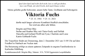 Traueranzeige von Viktoria Fuchs von Marbacher Zeitung
