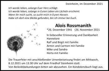 Traueranzeige von Alois Rossmanith von Marbacher Zeitung