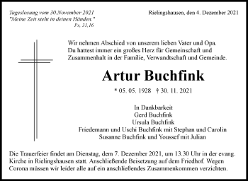 Traueranzeige von Artur Buchfink von Marbacher Zeitung