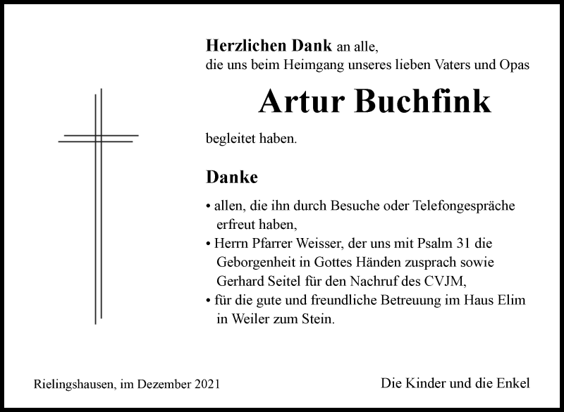  Traueranzeige für Artur Buchfink vom 23.12.2021 aus Marbacher Zeitung