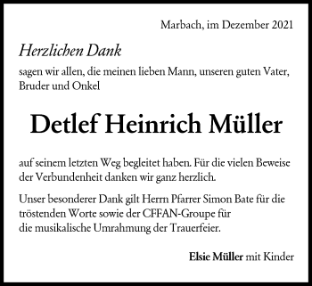 Traueranzeige von Detlef Heinrich Müller von Marbacher Zeitung