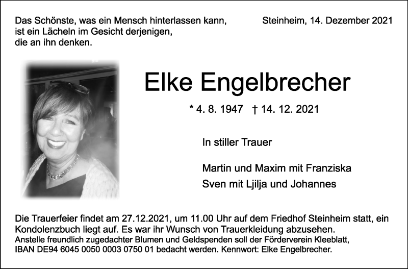  Traueranzeige für Elke Engelbrecher vom 21.12.2021 aus Marbacher Zeitung