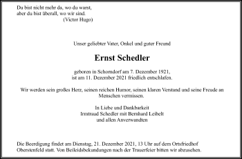 Traueranzeige von Ernst Schedler von Marbacher Zeitung