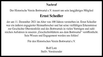 Traueranzeige von Ernst Schedler von Marbacher Zeitung