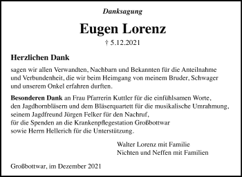 Traueranzeige von Eugen Lorenz von Marbacher Zeitung