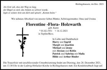 Traueranzeige von Florentine Holzwarth von Marbacher Zeitung