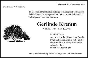 Traueranzeige von Gerlinde Kremm von Marbacher Zeitung