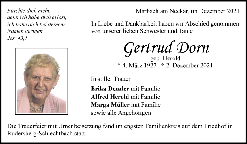  Traueranzeige für Gertrud Dorn vom 11.12.2021 aus Marbacher Zeitung