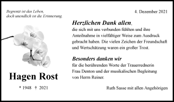 Traueranzeige von Hagen Rost von Marbacher Zeitung