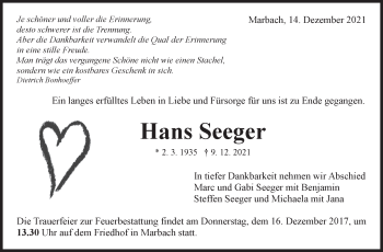Traueranzeige von Hans Seeger von Marbacher Zeitung