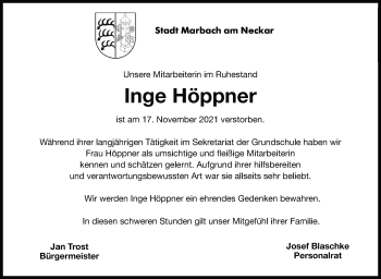 Traueranzeige von Inge  Höppner von Marbacher Zeitung