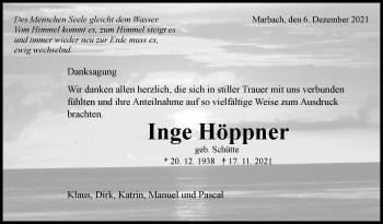 Traueranzeige von Inge  Höppner von Marbacher Zeitung